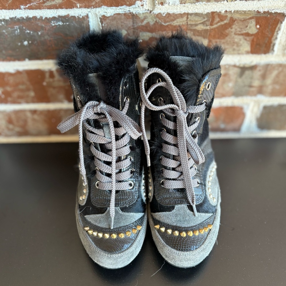 Baldan Gray Black Leather Suede Spike Stud Rabbit Trim Boots Size 37